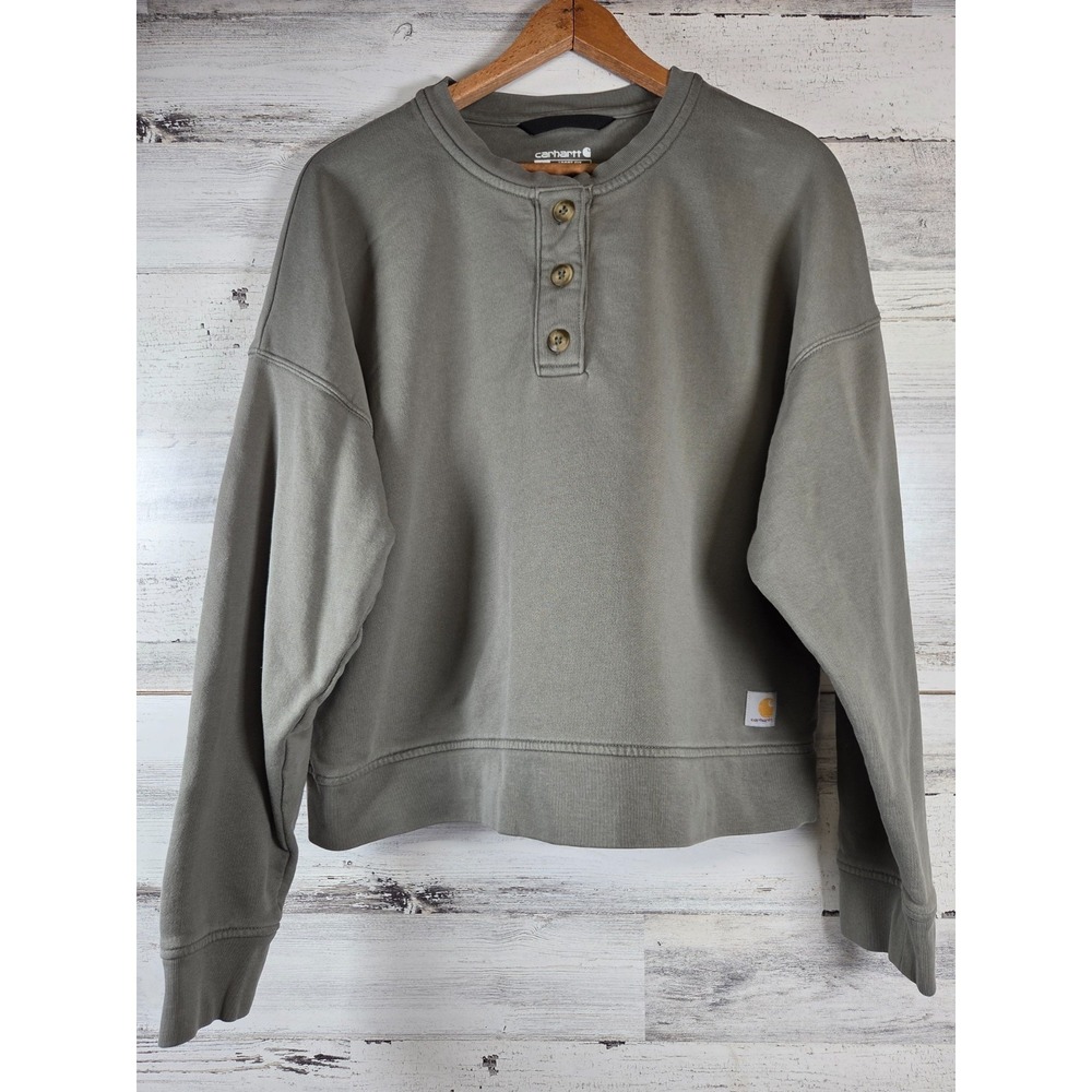 Carhartt Sweatshirt Womens Large Green‎ Henley Loose Fit Workwear Pullover 12-14